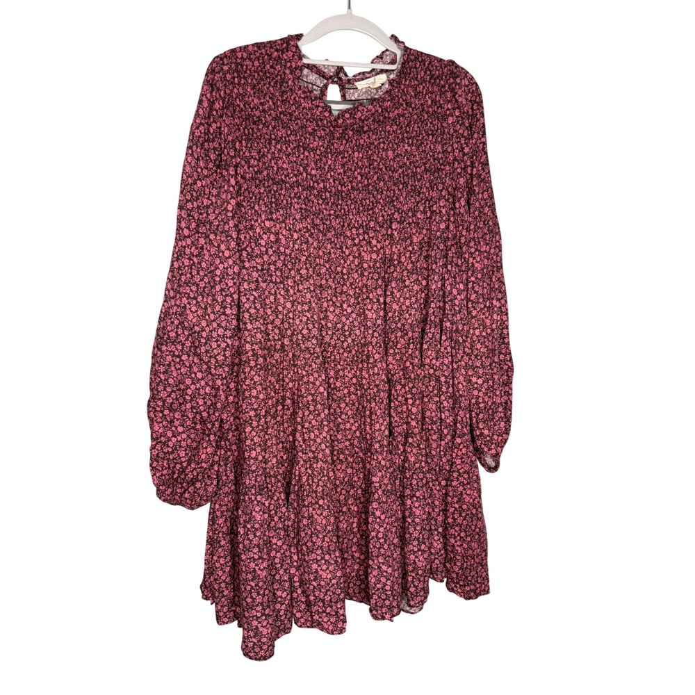 Easel high neck ditzy pink floral print tiered mini dress boho shabby chic